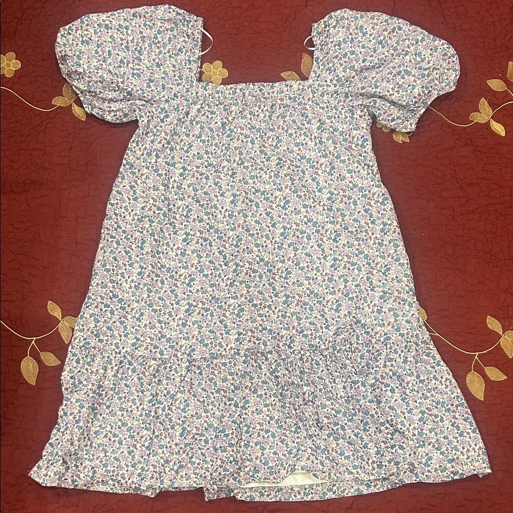 Uniqlo Square Neck Mini Ruffle Tiered Purple Floral Puff Sleeve Dress - Picture 6 of 10